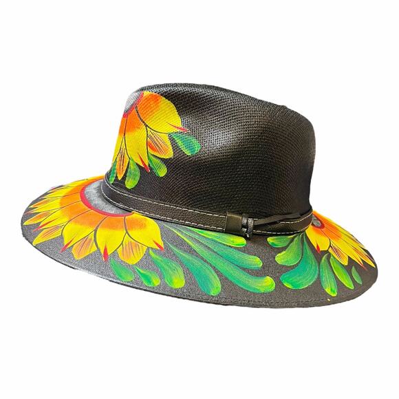 HAT MEXICAN Artisanal Hand Painted Fedora Sunflower Sombrero Panama Bohon Black main image 5